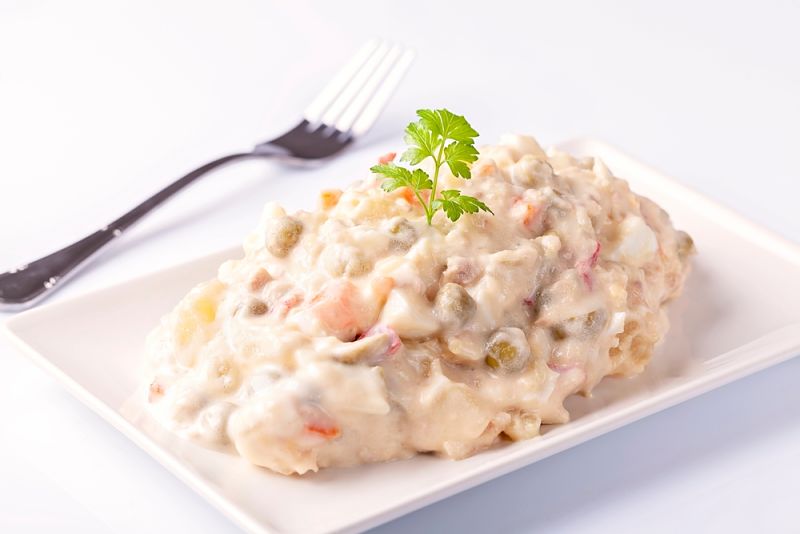 Ensaladilla,Rusa,,Potato,Salad,With,Mayonnaise,On,White,Background